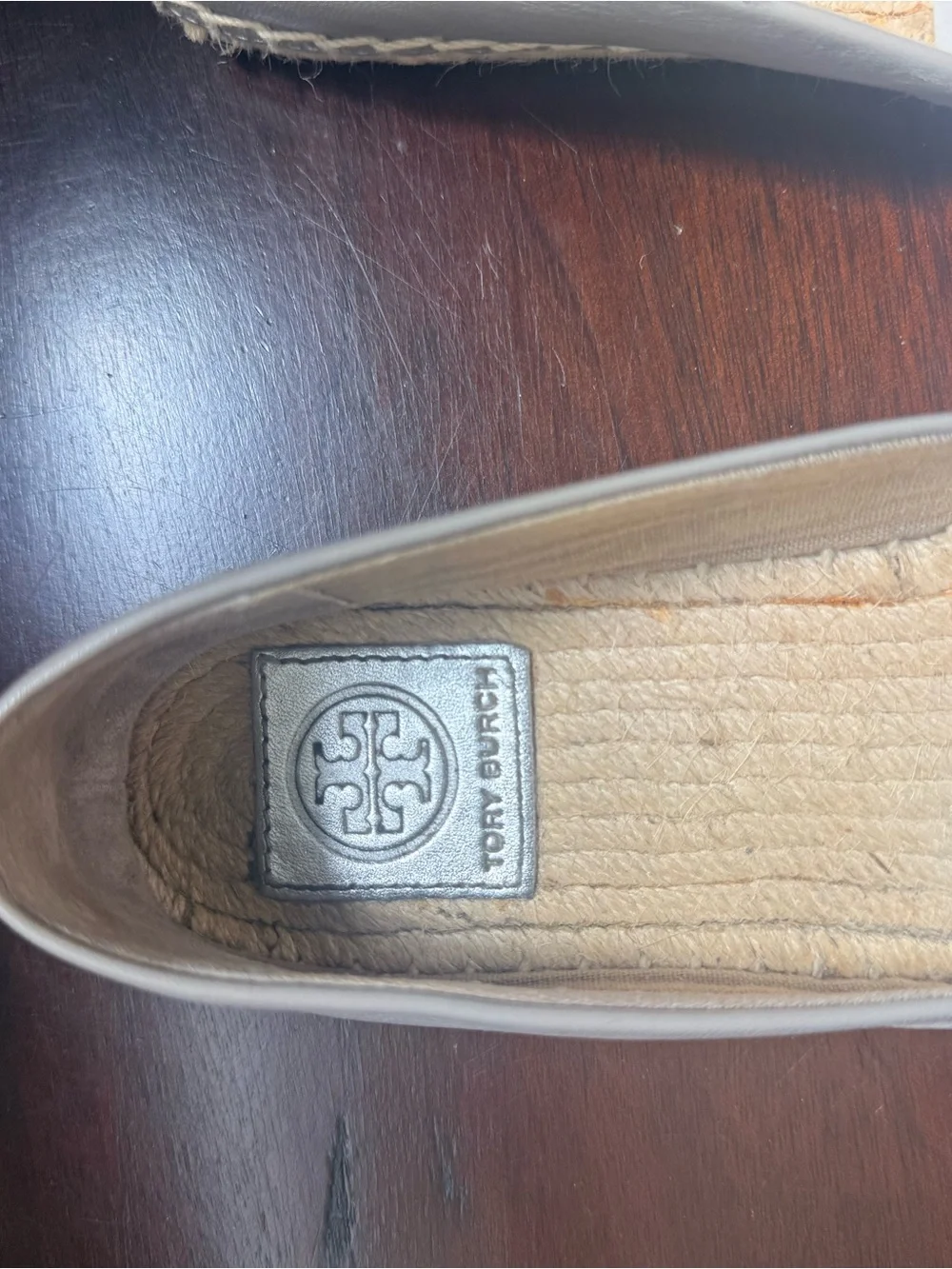 Tory Burch Taupe Leather Espadrilles with Silver Toe Cap